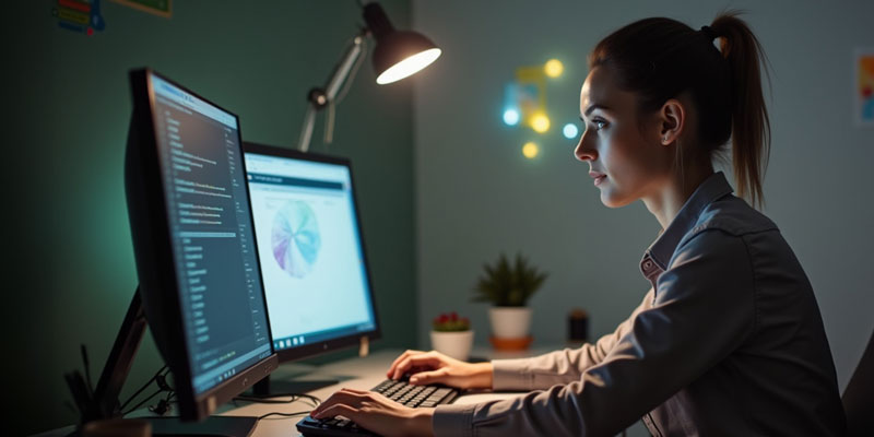 Mujer exitosa capacitada tecnológicamente